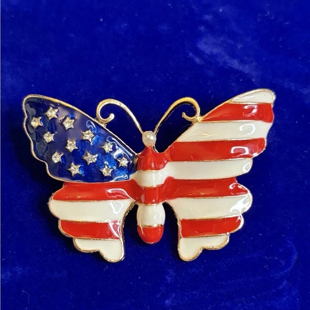 Butterfly USA America Patriotic Bling Brooch Pin Pearl Enamel Rhinestones